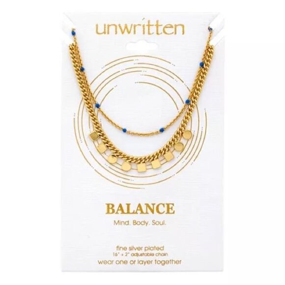 Unwritten Gold Flash Plated Square Circle & Blue Bead Layered Pendant Necklace - Picture 1 of 3